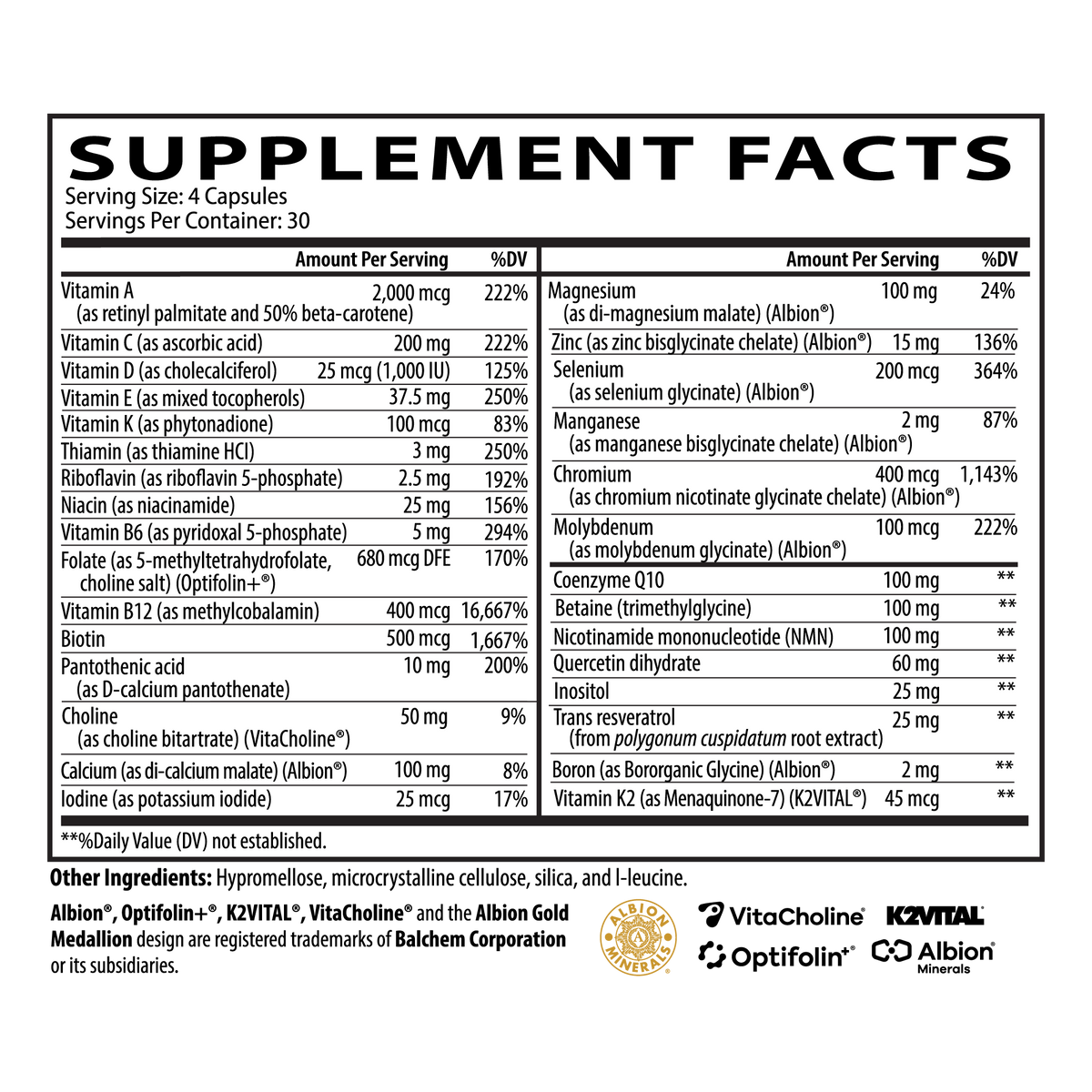 Neurobiologix Longevity Multi Supplement Facts panel