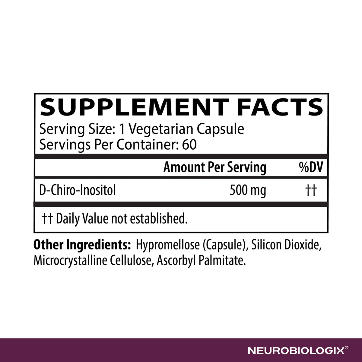 Neurobiologix DCI 500mg (D-Chiro-Inositol) Supplement Facts panel