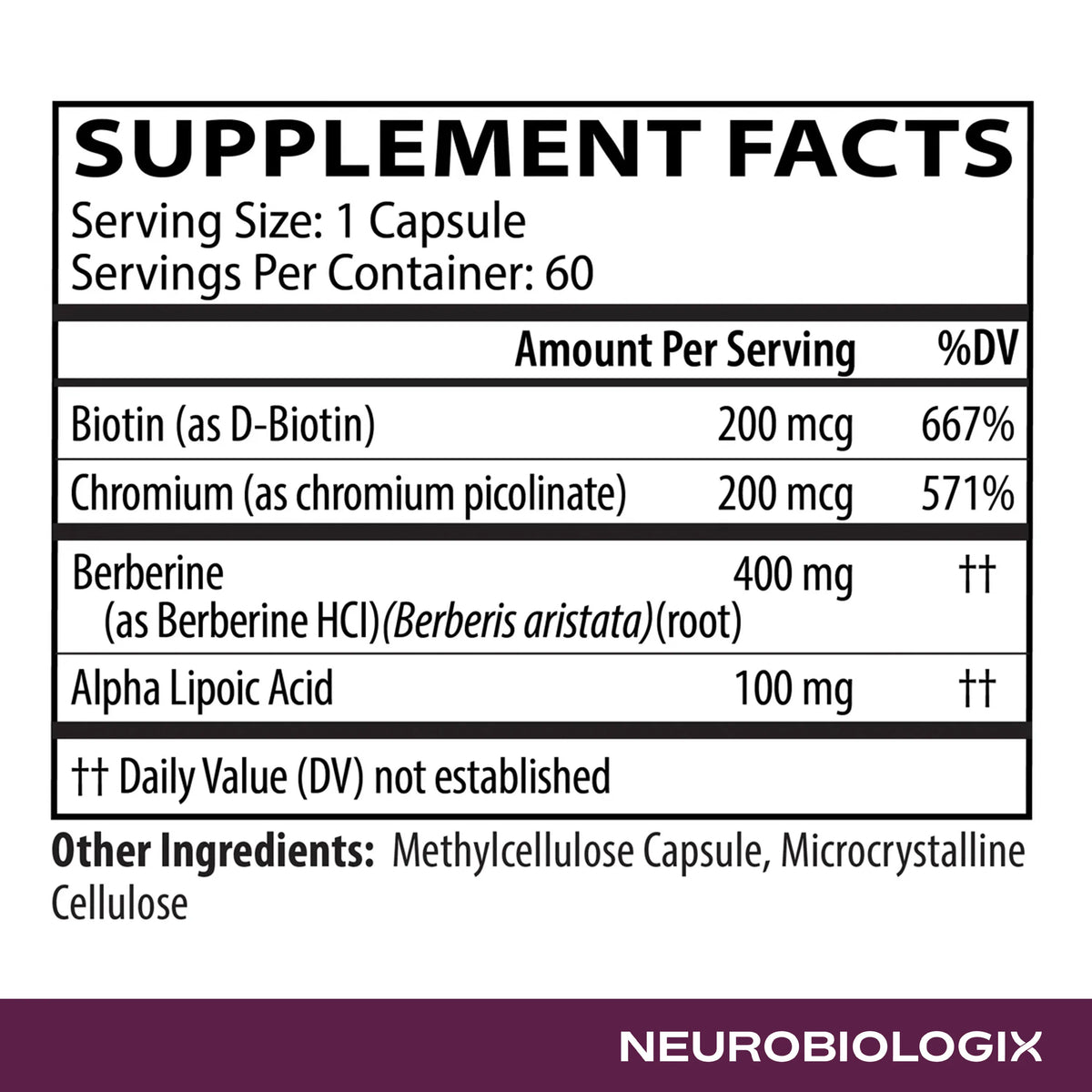 Neurobiologix Berberine Complex Supplement Facts panel